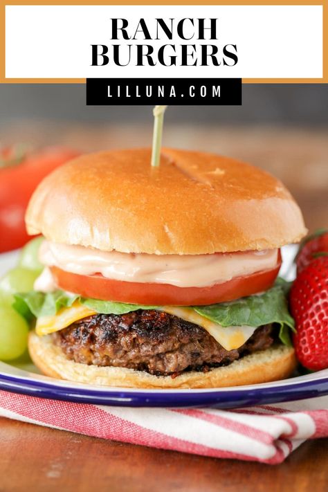 These are the BEST homemade hamburgers!! This cheesy Ranch Burger is complete with the most delicious secret sauce! #ranchburgers #ranchburgerrecipe #burger #hamburger Best Homemade Hamburgers, Ranch Burgers, Hand Held Food, Easy Burger Recipe, Cheesy Ranch, Easy Burgers, Dry Ranch Dressing Mix, Dry Ranch Dressing, Burger Toppings