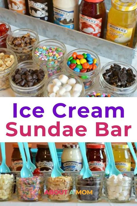 Create your own Ice Cream Sundae Bar - Perfect for parties! Endless toppings and flavors. Ice Cream Party Bar, Sundae Toppings, Ice Cream Sunday, Ice Cream Sundae Bar, Waffle Bowl, Dessert Board, Hot Dog Bar, Sundae Bar, Types Of Desserts