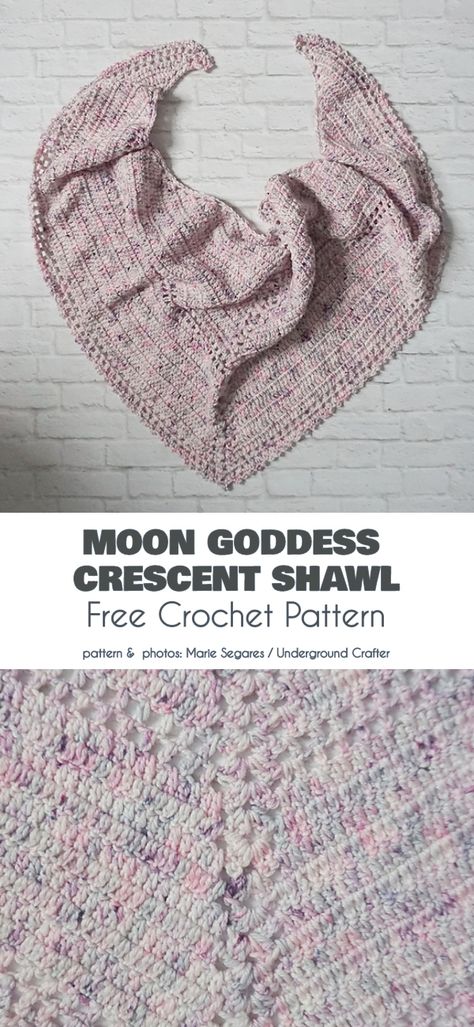 Moon Goddess Crescent Shawl Free Crochet Pattern Crescent Shawl Pattern, Shawl In A Ball, Crochet Triangle Shawl Pattern, Shawlette Pattern, Yarn Clothes, Crescent Shawl, Yarn Shawl, Crochet Stitches Guide, Triangle Shawl