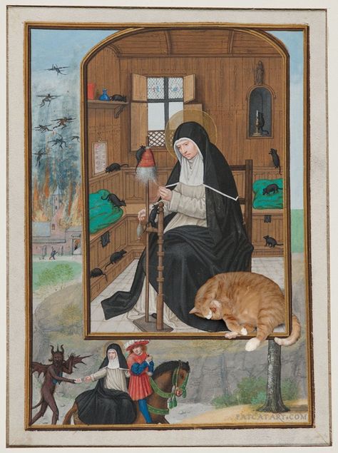 Gertrude Of Nivelles, Patron Saint Of Cats, Saint Gertrude, St Gertrude, Cat Stain, Carnegie Museum Of Art, Book Of Hours, Medieval Art, Patron Saints