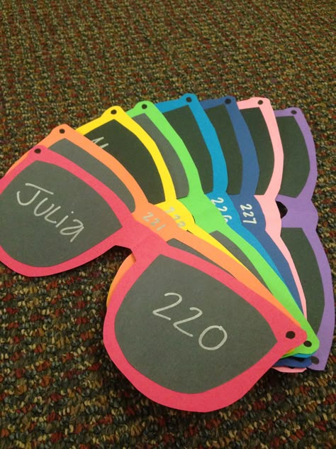 Sunglasses door tags for RAs Cute Cubby Name Tags, Fun Name Tag Ideas, Cubby Name Tag Ideas, Classroom Name Tag Ideas, Daycare Cubby Ideas Name Tags, Summer Name Tags For Cubbies, Locker Name Tag Ideas, Summer Cubby Tags Preschool, Ra Door Tags Colleges