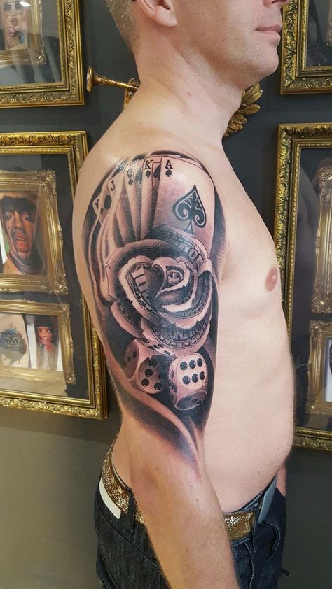 Gambler Tattoo, Gambling Tattoos, Card Tattoos, Revival Tattoo, Winning Tattoo, Tattoos Sleeve, Money Tattoo, Forearm Sleeve, Chicano Tattoos