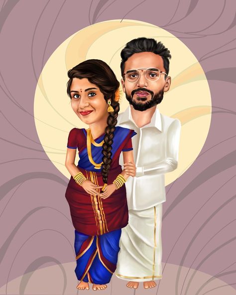 This is a customised caricature for e-invite. Realistic detailing, brahmin wedding style illustration. Caricature Photo, Brahmin Wedding, Pixar Poster, Wedding Caricature, Caricature From Photo, Indian Wedding Invitation Cards, E Invite, Blur Photo, Indian Wedding Invitations