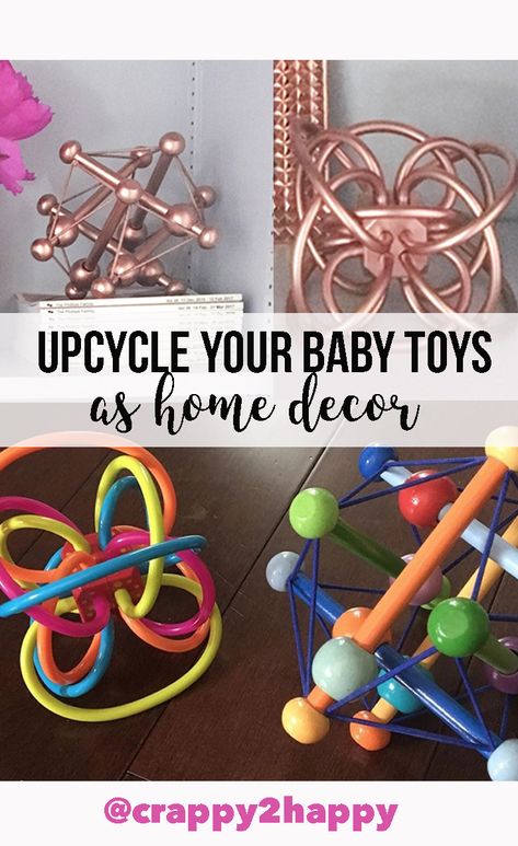 Upcycle your baby toys as home decor!  Gold spray paint makes everything beautiful and with geometric stuff trending, this easy DIY project is a win! Upcycle Baby, Upcycle Toys, Reuse Recycle Repurpose, Recycled Toys, Thrift Store Upcycle, Gold Spray Paint, Gold Spray, Diy Upcycle, Upcycled Home Decor