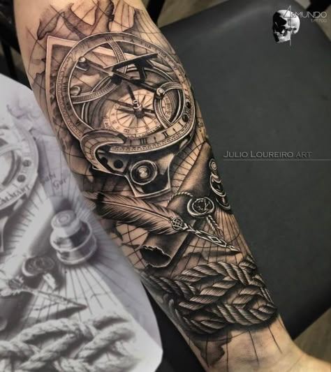 Sea Sleeve Tattoo, Tattoos On Forearm, Nautical Tattoo Sleeve, Outer Forearm Tattoo, Forearm Sleeve Tattoos, Cool Forearm Tattoos, Nautical Tattoo, Half Sleeve Tattoos For Guys, Tattoos For Black Skin