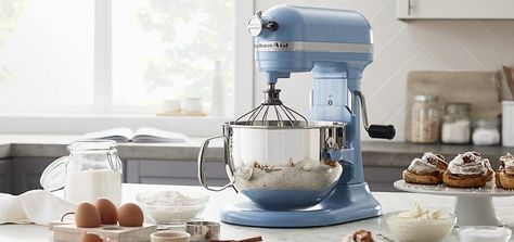 Blue Velvet bowl-lift stand mixer on countertop surrounded by cooking ingredients Kitchen Aid Bowl, Kitchenaid Appliances, Major Kitchen Appliances, Kitchen Aid Appliances, Kitchen Bowl, Stand Mixers, Countertop Appliances, Cooking Ingredients, Kitchen Appliance