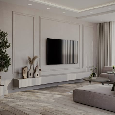 Tv Wall Molding, Neoclassical Tv Wall Design, Minimal Tv Wall Design, Tv Wall Design Small Space, Panelling Tv Wall, Tv Shelf Ideas, Television Decor, Flat Renovation Ideas, Media Wall Design