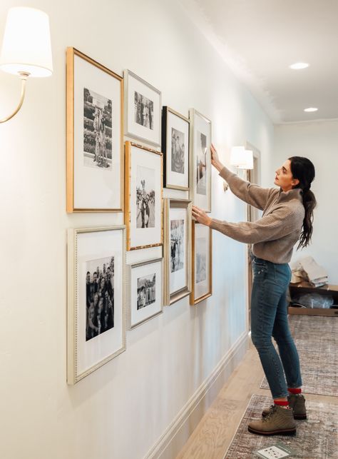 A Family Photo Gallery Wall in the Upstairs Hall - Chris Loves Julia Upstairs Hallway Photo Wall, Minimal Family Photo Wall, Vacation Gallery Wall Travel Photos, Mixed Metals Gallery Wall, Gallery Wall Matted Frames, Crate And Barrel Gallery Wall, Ikea Gallery Wall Frames Layout, Mid Century Gallery Wall Ideas, Grouping Art On Wall