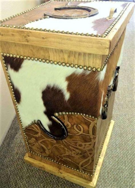 Adding a Cowhide & Leather Storage Bin to a space for hiding the "unmentionables" such as dog food/cat food, laundry, trash and such, will add character and western decor to space all while being totally useful and functional. This decorative storage "must" is perfect for hiding away the things you want to keep handy but hidden from plain view. Our custom storage hampers & bins are made for the equine and western style enthusiast. When you've done about all you can do to decorate a space, add th Cowhide Bathroom, Rugs Custom, Cowhide Decor, Western Ideas, Cowhide Furniture, Brindle Cowhide, Hamper Storage, Bathroom Stuff, Western Furniture