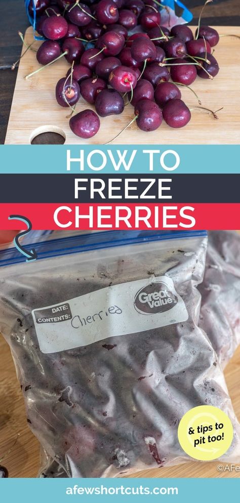 Learn how to freeze fresh cherries to store them for later and also how to pit cherries! Super easy tips! | @AfewShortcuts #tips #freeze #cherries #kitchen #summer Freeze Cherries, How To Pit Cherries, Freezing Food, Frozen Cherries, Fresh Cherries, Preserving Food, Short Cuts, Frozen Food, Happy Place