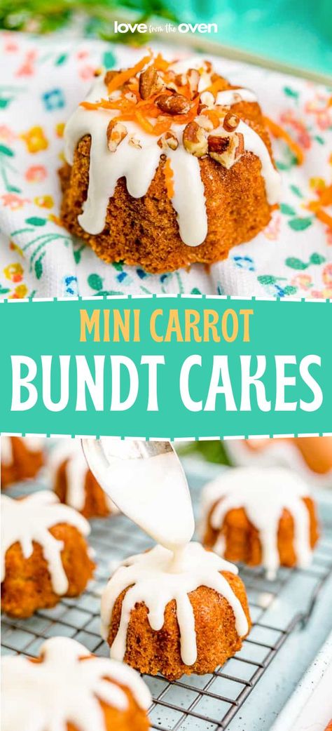 Deliciously bite-sized Carrot Mini Bundt Cakes make the perfect Easter dessert. Carrot Cake Bundt, Mini Carrot Cakes, Mini Bunt Cake, Easter Bundt Cake, Easter Desserts Cake, Bunt Cake Recipe, Mini Bundt Cakes Recipes, Mini Carrot Cake, Carrot Cakes