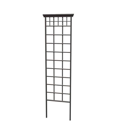 Panacea Mission Metal Trellis is extra wide and tall to support your blooms and encourage upward growth,No assembly needed- just drive base legs into soil or set against a wall or fence,Matte black powder coating over st | Canadian Tire Patio Water Fountain, Lattice Garden, Pergola Decorations, Iron Trellis, Cattle Panels, Arbors Trellis, Arch Trellis, Trellis Ideas, Metal Trellis