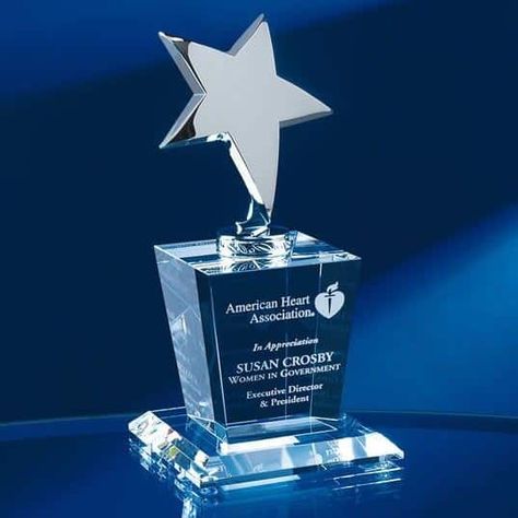 Stainless Star on Crystal Base - AndersonTrophy.com Trophy Craft, Packaging Presentation, Trophy Shop, Awards Banquet, Office Security, Employee Recognition Awards, Star Trophy, Award Trophy, Star Theme