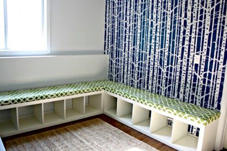 Cute storage and seating bench. Place storage blocks, place cushions on top. It's that easy. Ikea Expedit Bookcase, Toy Storage Bench, Ikea Bookcase, Ikea Expedit, Ikea Bookshelves, Ikea Shelves, Kids Room Organization, Toy Rooms, Diy Furniture Projects