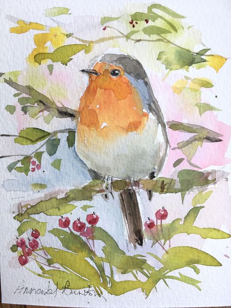 Robin Watercolour Painting, Watercolour Birds Simple, Whimsical Watercolor Paintings, Watercolor Birds Paintings, Robin Watercolour, Watercolour Robin, Bird Watercolor Art, Watercolour Bird, Watercolor Art Landscape