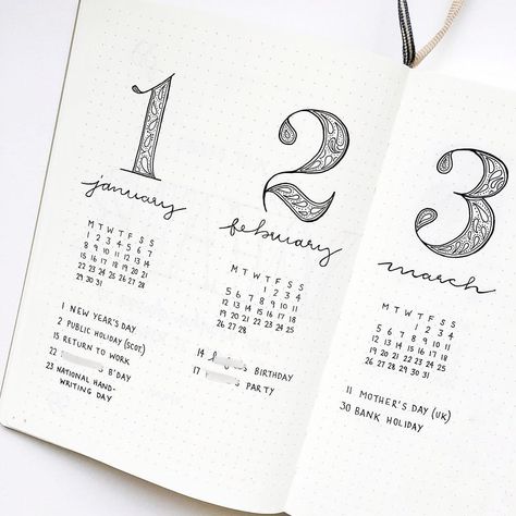 Bullet journal future log,  patterned numbers, cursive headers.  |  @ajournalbyannie Font Ideas Numbers, Bullet Journal Yearly Log, Bullet Journal Numbers, Journal Font Ideas, Journal Numbers, Flower Journal, Bullet Journal Key, Bullet Journal Font, Journal Fonts