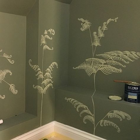 Detail of abstact fern botanical bathroom mural by Katy McIntyre Brown. Mural features large fern design, referencing the landscape around the home of the client. Monocolour, muted palette, hand painted bespoke wall painting. Katy McIntyre Brown (@katymcbrown) • Instagram photos and videos Fern Mural, Mural Bathroom, Botanical Mural, Painted Fern, Botanical Bathroom, Bathroom Mural, Illustration Botanical, Muted Palette, Converted Barn