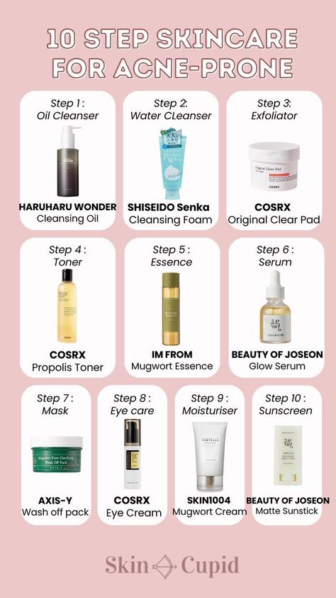 10 Step Korean Skincare for Acne-Prone Skin Skincare Acne Prone Skin, Facial Wrinkles Remover, Best Facial Products, Korean 10 Step Skin Care, Korean Skin Care Secrets, Acne Prone Skin Care, Acne Makeup, Collection Aesthetic, Skin Care Routine Order