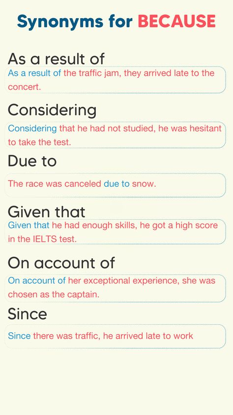 Synonyms for BECAUSE with Examples --  Words related to “Because” #because #english Because Synonyms, Synonyms For Because, English Collocations, English For Beginners, Learn Another Language, Idioms And Phrases, Essay Writing Skills, Compound Words, English Vocabulary Words Learning