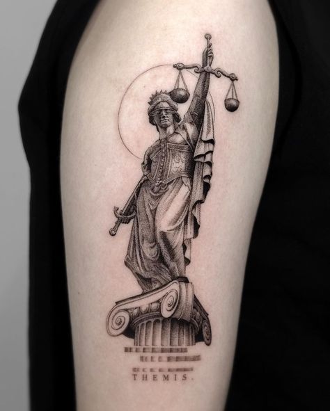 Lady Justice Tattoo, Nemesis Tattoo, Law Tattoo, Geometric Tattoo Sleeve Designs, Justice Tattoo, Liberty Tattoo, Arm Tattoos Drawing, Freedom Tattoos, Engraving Tattoo