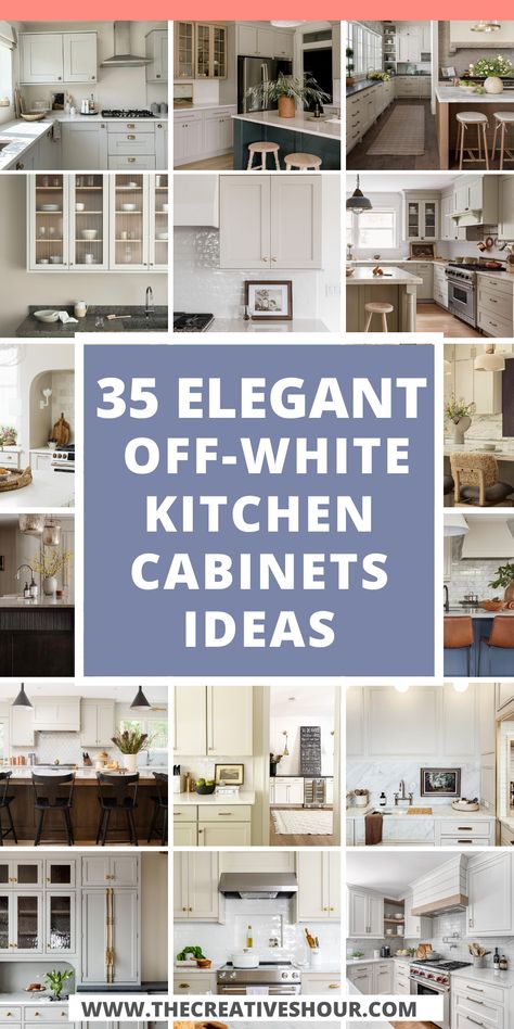 Infuse your kitchen with the understated charm of off-white cabinets, whether it's for a farmhouse aesthetic, modern flair, or an antique touch. Elevate your design with complementary countertops, from quartz and granite to dramatic black counters. Consider the impact of contrasting backsplashes, and harmonize the look with the perfect wall color. Embrace the versatility of off-white cabinets, pairing them with dark counters or black handles that make a striking statement. Off White Kitchen Cabinets With Black Countertops, Kitchen Cabinet Color Ideas With White Countertops, Off White Kitchen Cabinets Antique, Kitchens With White Cabinets And Black Granite Countertops, Off White Kitchen Cabinets With Black Hardware, Counters For White Cabinets, Antique White Kitchen Cabinets With Quartz Countertops, Cream Cabinets With Black Countertops, Cream Kitchen Cabinets Black Hardware