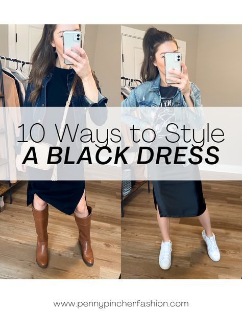 How to Accessorize a Black Dress Black Dress With Tshirt Outfit, Denim Shirt Over Black Dress, Black Dress With Oversized Shirt, How To Style A Black T Shirt Dress, What To Layer Over A Dress, Dress Down A Black Dress, Black Dress Outfit Layering, Black Dress With Denim Shirt, Spaghetti Strap Black Dress Outfit