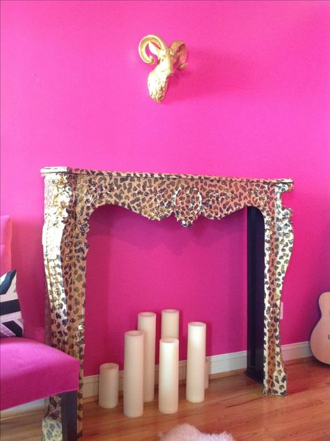 Pink Fur Wall, Hot Pink Accent Wall, Hot Pink Office, Hot Pink Furniture, Hot Pink Room, Hot Pink Walls, Fake Fireplace, Pink Furniture, Wall White