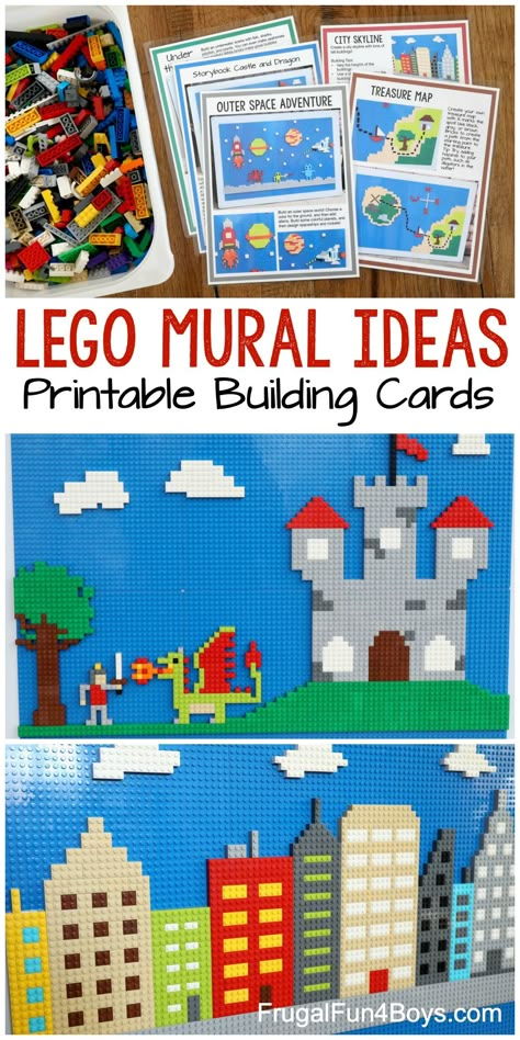 LEGO Mural Building Ideas - with 5 printable building cards! Fun ideas for a LEGO wall. #lego #legofan #kidsactivities Free Lego Instructions Step By Step Printable, Lego Activity For Kids, Diy Lego Wall Art, Wall Timeline Ideas, Lego 3d Art, Lego Back To School, 3d Printing Ideas Lego, Lego Art Ideas, Lego Projects For Kids