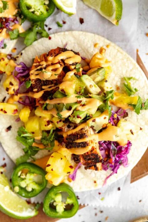 Salmon Tacos & Pineapple Avocado Salsa - Eat With Clarity Tacos Pineapple, Pineapple Avocado Salsa, Tacos With Pineapple Salsa, Tacos With Pineapple, Salmon Tacos, Chipotle Aioli, 30 Minute Dinners, Pineapple Salsa, Avocado Salsa