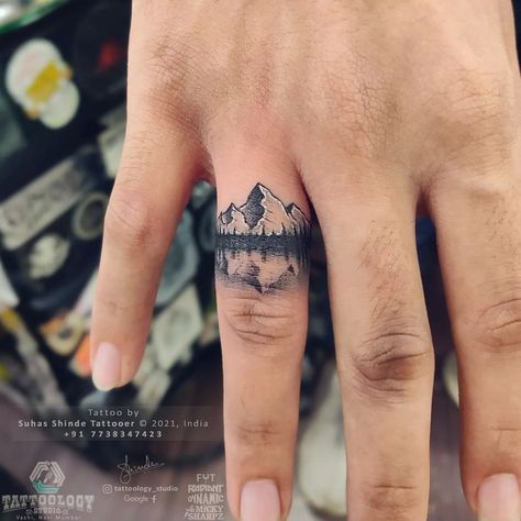 Outdoor Finger Tattoo, Nature Finger Tattoos For Women, Nature Ring Tattoo, Finger Mountain Tattoo, Animal Hand Tattoos For Guys, Hiking Boot Tattoo, Mountain Ring Tattoo, Nature Hand Tattoo, Men’s Finger Tattoos