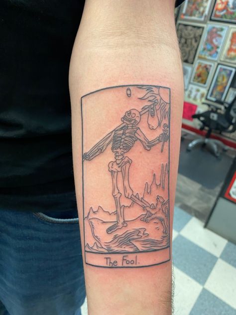 The Fool Tarot Card Tattoo done in black linework with no shading on the forearm Fool Tarot Card Tattoo, Bailey Illustration, Matt Bailey, The Fool Tarot Card, Fool Tarot Card, Deep Tattoo, The Fool Tarot, Left Arm Tattoos, Crazy Tattoos