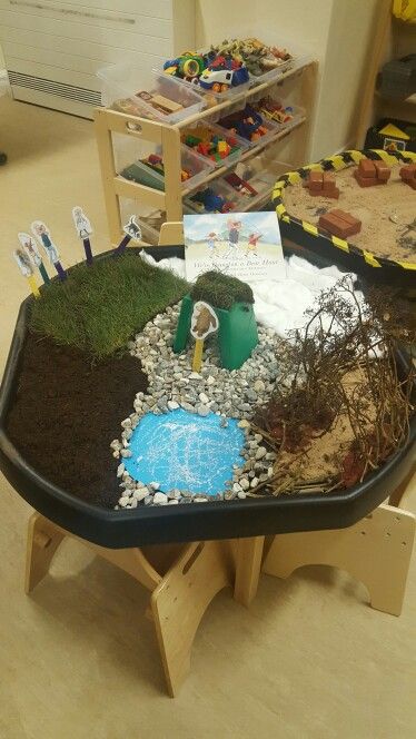 Small world "We're Going on a Bear Hunt" eyfs Jungle Tuff Tray Eyfs, Jungle Small World, Bear Hunt Activities, World Book Day Activities, Hibernation Preschool, Tuff Tray Ideas Toddlers, World Book Day Ideas, Fairy Tale Activities, Teddy Bear Crafts