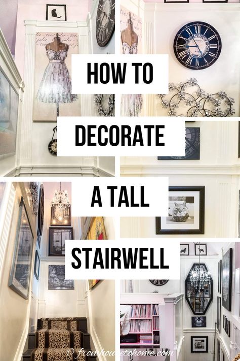 how to decorate a tall stairwell Open Stairway Decor, Decorate Large Staircase Wall, Split Staircase Ideas Decoration, Above Stairwell Decor, End Of Staircase Decor, Stairwell Art Gallery, Gallery Wall In Stairwell, Style Staircase Wall, Ways To Decorate Staircase Wall