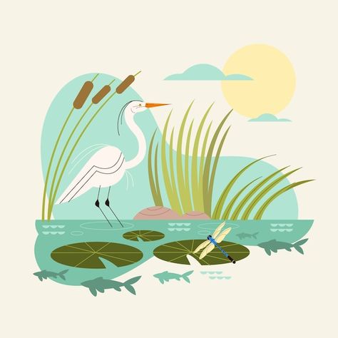 Vector flat illustration for world wetla... | Premium Vector #Freepik #vector #wetland #world-environment #world-day #environmental-protection Wetland Illustration, Wetlands Illustration, Habitat Illustration, River Illustration Simple, Animal Environment, World Wetlands Day, Rv Style, Animal Infographic, Fauna Illustration