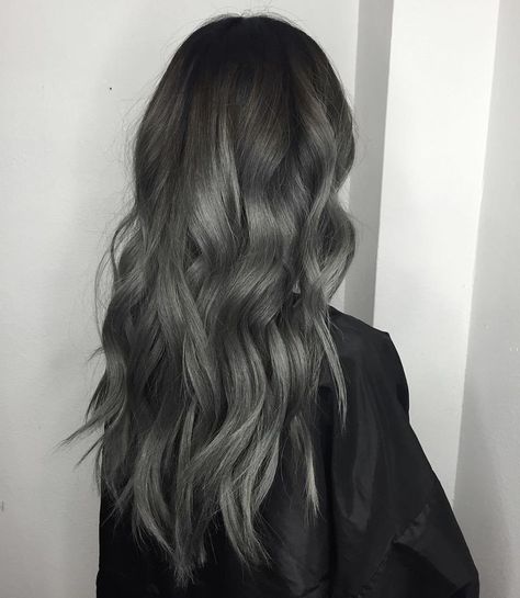 Dark Grey Hair Aesthetic, Hair Colour Korean, Dark Silver Hair Color, Dark Grey Hair Charcoal, Dark Ash Gray Hair, Smoky Grey Hair, Grey Hair Colour, Brown Hair Pale Skin, Dark Grey Hair Color