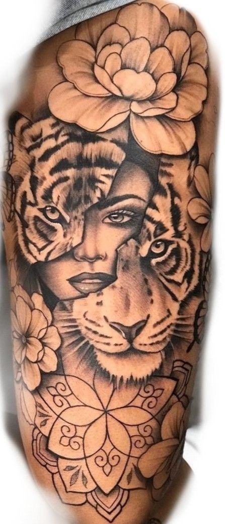 Lion Tattoo With Woman Face, Leo Half Sleeve Tattoos For Women, Feminine Lion Tattoo For Women Leg, Half Lion Face Tattoo For Women, Lion And Woman Tattoo, Half Tiger Half Woman Tattoo, Half Lion Half Woman Tattoo, Lion Sleeve Tattoo Woman, Feminine Lion Tattoo For Women