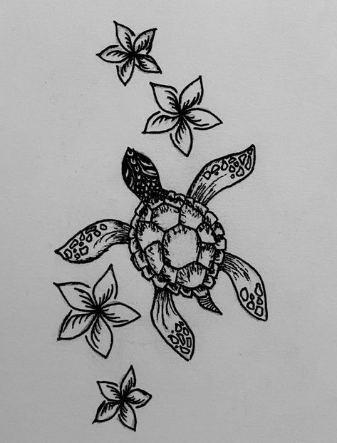 Turtle Hand Tattoos For Women, Turtle With Flowers Drawing, Cool Turtle Tattoos, Pretty Turtle Tattoo, Beach And Flower Tattoo, Tattoo Ideas Female Hawaiian, Turtle Butterfly Tattoo, 2 Turtles Tattoo, Turtle Drawing Tattoo