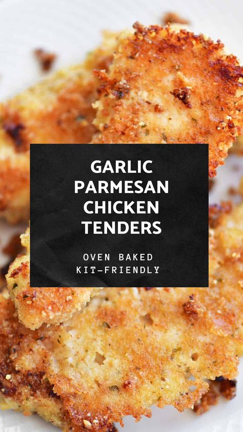 Chicken Tender Lunch Ideas, Breaded Baked Chicken Tenders, Bake Parmesan Chicken, Garlic Parmesan Crusted Chicken, Chicken Tender Parmesan, Chicken Parmesan Tenderloins, Chicken Parm Tenderloins, Garlic Parm Tenders, Oven Baked Garlic Chicken