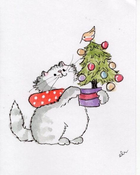 Christmas Cards Drawing, Cat Christmas Cards, Xmas Drawing, Christmas Bookmarks, Christmas Paintings On Canvas, Christmas Card Art, Watercolor Christmas Cards, Card Drawing, Christmas Card Crafts