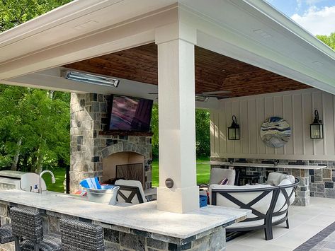 Valleybrook Pool Project Pool Pavilion Ideas, Outdoor Kitchen And Bar, Outdoor Kitchen Lighting, Pool Patio Designs, Pool House Shed, Pavilion Ideas, Pool Pavilion, Backyard Pool Ideas, Pool Landscaping Ideas