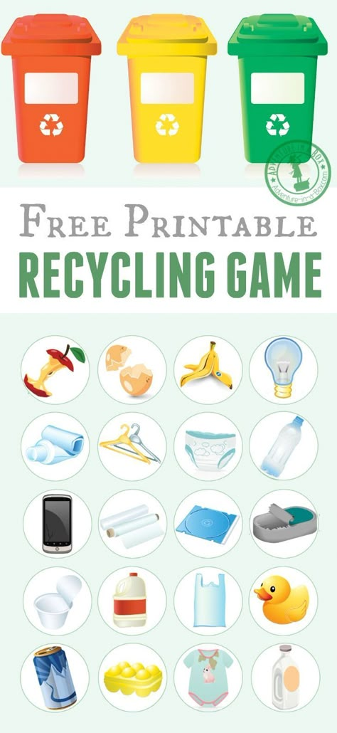 Free printable recycling game for kids. Just print the template, cut the tokens and play! Good for introducing the recycling basics and also as an Earth day activity for kids. Recycle Preschool, Recycling Games, Recycling Lessons, Recycling For Kids, Recycling Activities, Earth Week, Sorting Games, Earth Day Crafts, Recycling Sorting