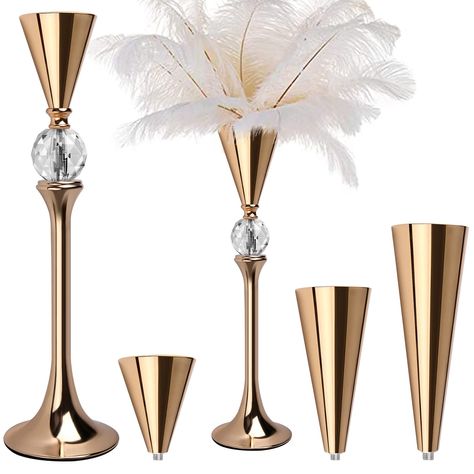 PRICES MAY VARY. Elegant Design and Sparkling Crystal Beads: The unique tall trumpet design makes vases for centerpieces absolutely elegantly and beautiful, add color to your event, home and impress your guests. Besides, compared to other gold vases without crystal beads, the gold vase design with a beautiful crystal Ball that add extra sparkles to make your weddings, parties or home more gorgeous and appealing. DIMENSION: Total Height 18.9"/48cm, Base Diameter 4.72"/12cm, Top Plate Diameter 3.3 Gatsby Table Cards, Gold Vase Tall, Black And Gold Holiday Party Tables, Safari Table Centerpieces Gold, Grey And Gold Table Piece, Feathers And Mask Centerpiece, Eifel Tower Vase Center Pieces, Gold Vase With Pearls, Great Gatsby Themed Party Amazon.com