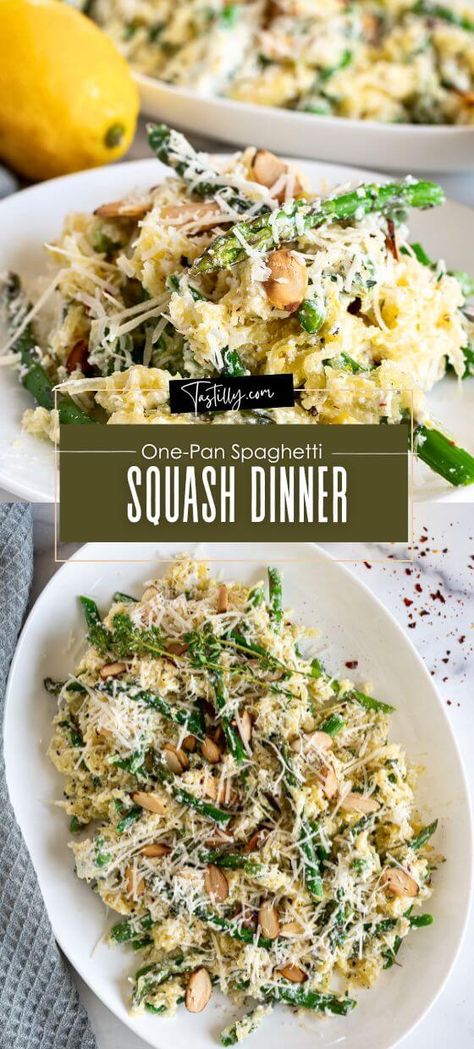 Quick One-Pan Spaghetti Squash Dinner - Tastilly Aip Spaghetti Squash, Low Calorie Spaghetti Squash Recipes, Easy Spaghetti Squash Recipes, Spaghetti Squash Dinner, Spaghetti Squash Sauce, Ww Vegetarian, Squash Dinner, Easy Honey Garlic Chicken, Spaghetti Squash Recipes Healthy