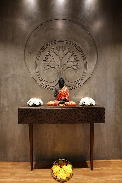 Concrete Effect Paint, Buddha Decor, Temple Design For Home, Pooja Room Door Design, Pooja Room Design, Room Door Design, Foyer Design, Entrance Design, Living Room Design Decor