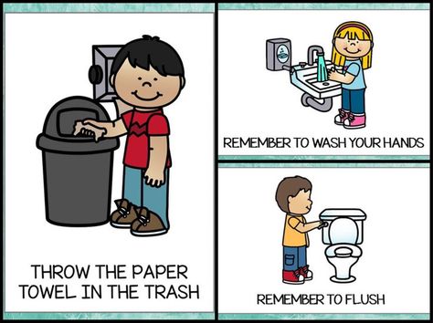 Teaching bathroom procedures is sometimes time consuming…you need to remind children to flush, not to forget to use soap, to throw the paper INTO the trash, not next to it. And as a kindergarten teacher you have to do this over and over again throughout the day. But I’ve created these bathroom posters with comprehensive … Bathroom Procedures, Classroom Bathroom, Kindergarten Posters, School Bathroom, Rules For Kids, Bathroom Posters, Classroom Behavior, Classroom Rules, Kindergarten Teacher