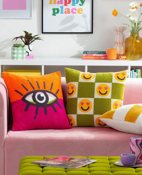 boost your home's happiness with our dopamine decor inspired cushions! 🌈 ⁠ ⁠ quirky shapes, bright colours, and playful prints – your sofa never looked this fun! ⁠ ⁠ ⁠ #homedecor #interiordesign #cushions #sofa #livingroom #lounge Abstract Applique, Checked Cushions, Orange Pink Color, Stone Wall Art, Check Design, Furnishings Design, Boucle Fabric, Smiley Faces, Fabric Accessories