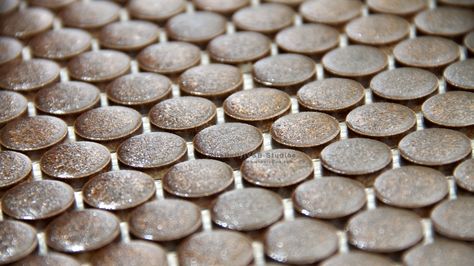 Rustic Bronze Penny Round Mosaic | tiledaily #rustic #tile #tiles #tiledaily #bronze #brown #texture #wall #floor #wallfeature #showerfloor #mosaic #pennytile #pennyround #bathroom #interiordesign Bronze Penny Tile, Brown Penny Tile, Penny Tile Bathroom Floor, Penny Tiles Bathroom, Penny Tile Floors, Tiles Uk, Penny Round Mosaic, Rustic Tile, Round Mosaic