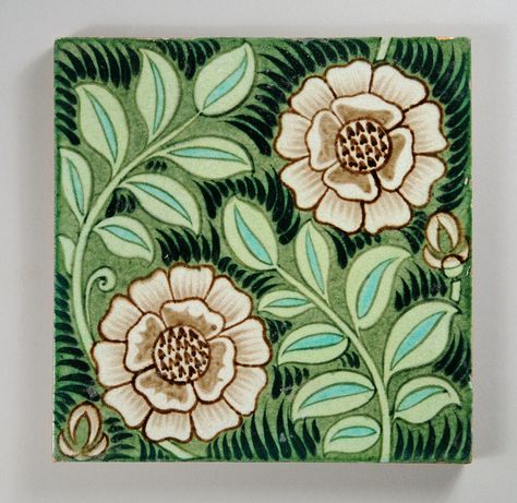 William De Morgan tile with flowers and foliage by robmcrorie, via Flickr Victoria Morris Pottery, Ceramic Flower Tiles, Tiles Art Nouveau, Irish Tiles Ceramics, Art Nouveau Green Floral Tiles Fireplace, Arts And Crafts Tiles, Beautiful Tiles, Arts And Crafts Storage, Arts And Crafts For Teens