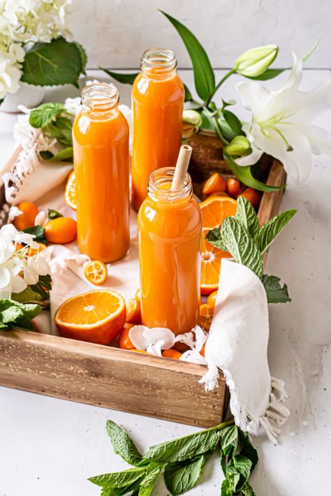 Orange Sunrise Blender Juice | Healthy Little Vittles Juicing Aesthetic, Sandwich Appetizers, Juice Photography, Blender Juice, Brazilian Lemonade, Orange Sunrise, Drinks Photography, Homemade Juice, Lunch Salad