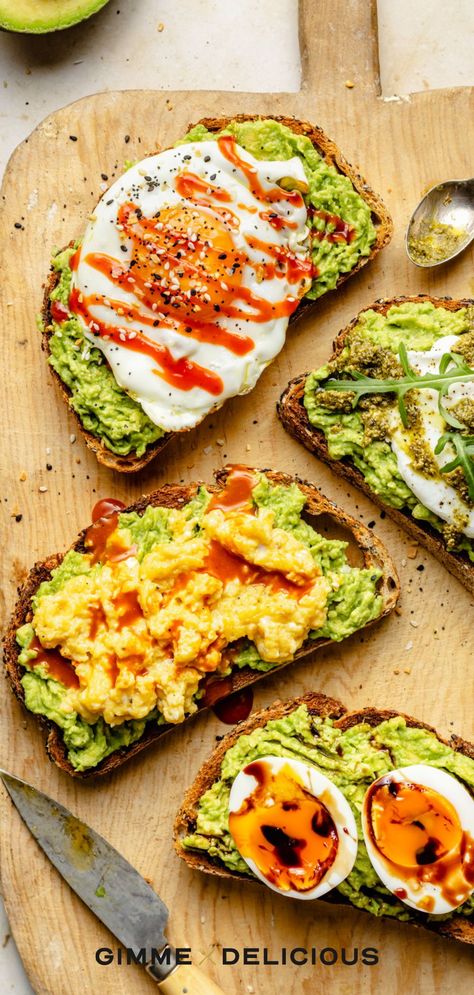 Learn how to make the most delicious Avocado Toast with Egg, in 4 different ways! Whether you’re craving fried eggs, scrambled eggs, boiled eggs, or poached eggs, we’ve got you covered. This nutritious breakfast, lunch, or snack will keep you satisfied for hours! Save this recipe from gimmedelicious.com to make for your next dish. Boiled Eggs Recipes Breakfast, Hard Boiled Eggs Air Fryer, Boiled Eggs Recipes, Avocado Toast With Egg, Eggs Boiled, Toast With Egg, Toast Recipe Breakfast, Simple Avocado Toast, Egg Recipes For Dinner